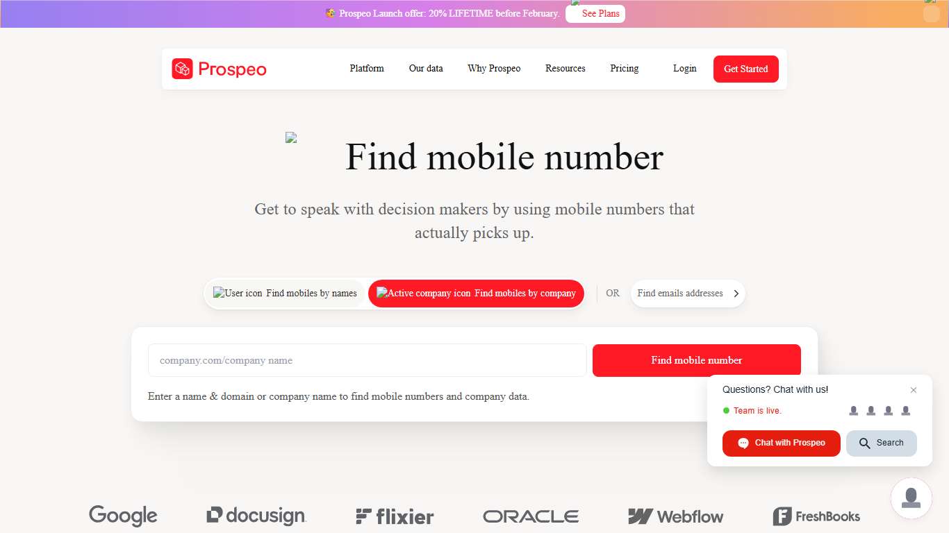 Mobile Finder: Get phone numbers by name, company or social media URLs | Prospeo